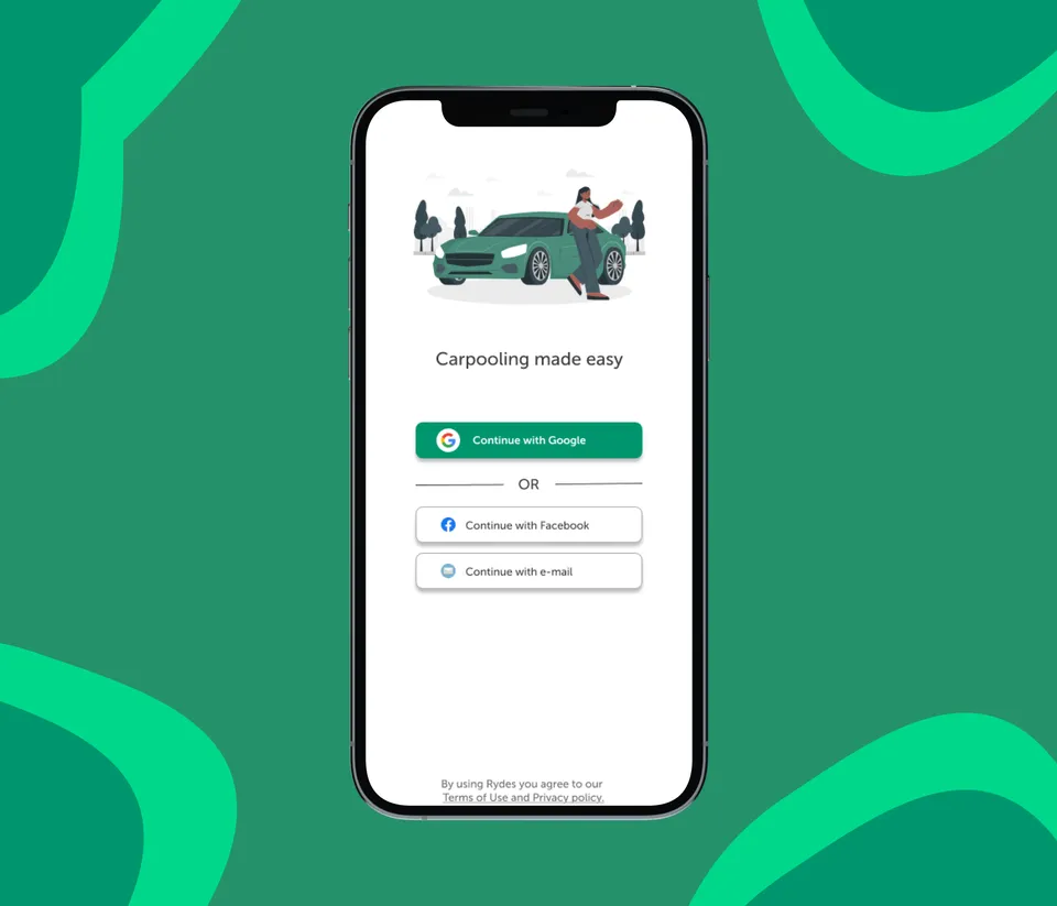 Rydes login screen on a phone